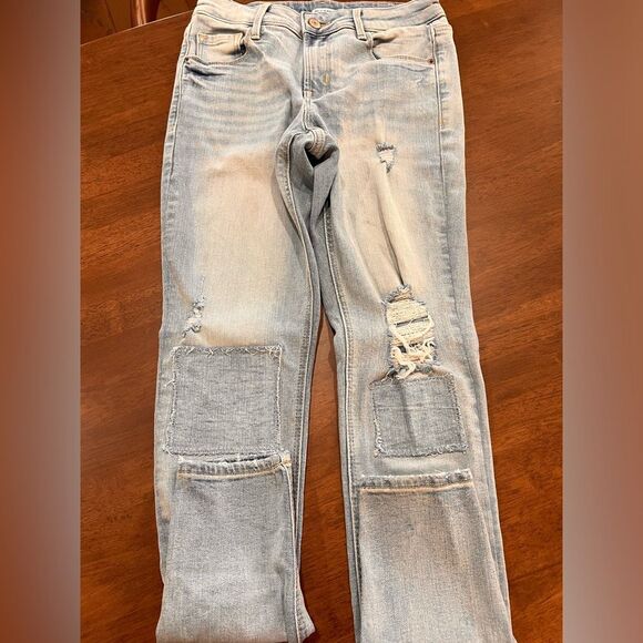 Old Navy Mid Rise Light Wash Distressed Patch Knee Super Skinny Jeans Women 0 - Picture 7 of 8